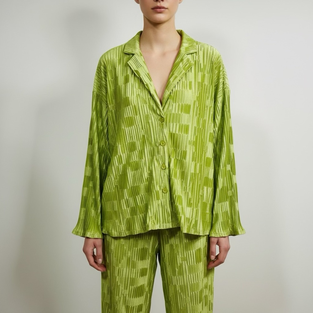 Princess Polly Lime Green Textured Satin‎ Pajama Set Flowy Pair Relaxed Fit Luxe